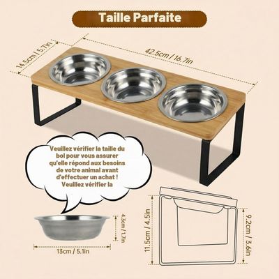 Lot de 3 gamelles surélevées en acier inoxydable avec support incliné à 15°