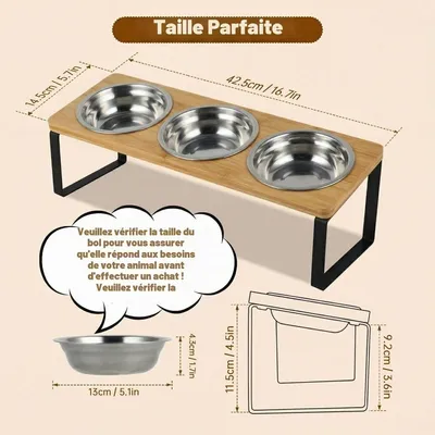 Lot de 3 gamelles surélevées en acier inoxydable avec support incliné à 15° Lot de 3 gamelles surélevées en acier inoxydable avec support incliné à 15°