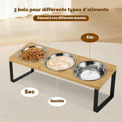 Lot de 3 gamelles surélevées en acier inoxydable avec support incliné à 15° Lot de 3 gamelles surélevées en acier inoxydable avec support incliné à 15°