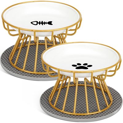 Set mit 2 erhöhten Keramik-Katzennäpfen – Metallständer – Gold