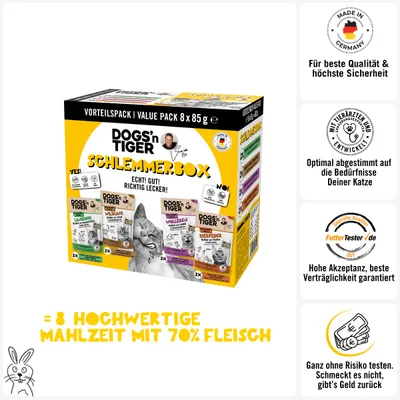 Dogs’n Tiger Katzenfutter, Schlemmerbox, 8x 85g