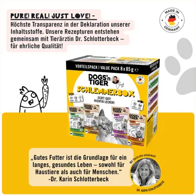 Dogs’n Tiger Katzenfutter, Schlemmerbox, 8x 85g