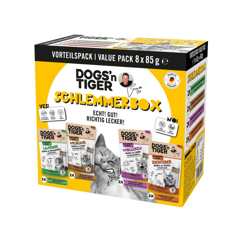 Dogs’n Tiger Katzenfutter, Schlemmerbox, 8x 85g