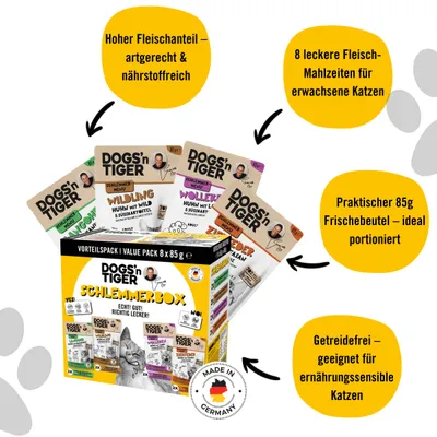 Dogs’n Tiger Katzenfutter, Schlemmerbox, 8x 85g