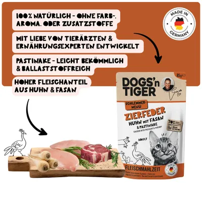 Dogs’n Tiger Zierfeder Katzenfutter, Adult Nassfutter, Huhn & Fasan