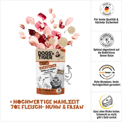 Dogs’n Tiger Zierfeder Katzenfutter, Adult Nassfutter, Huhn & Fasan