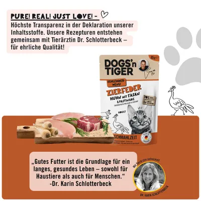 Dogs’n Tiger Zierfeder Katzenfutter, Adult Nassfutter, Huhn & Fasan