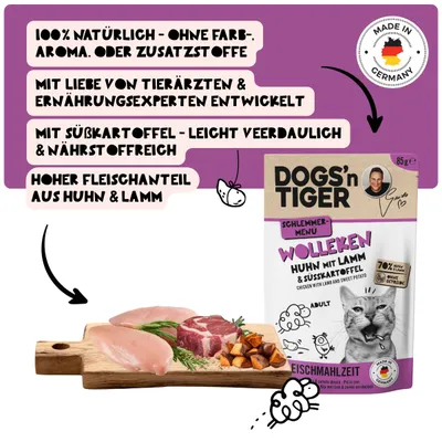Dogs’n Tiger Wolleken Katzenfutter, Huhn, Lamm & Süßkartoffel Dogs’n Tiger Wolleken Katzenfutter, Huhn, Lamm & Süßkartoffel