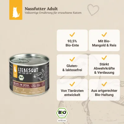 Liebesgut Katzenfutter Bio-Ente mit Bio-Mangold und Bio-Reis