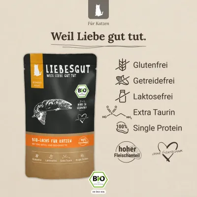 Liebesgut Katzenfutter Bio-Lachs mit Bio-Apfel und Bio-Karotte