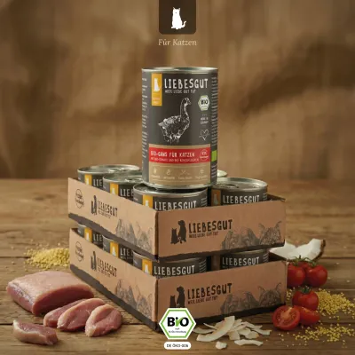 Liebesgut Katzenfutter Bio-Gans mit Bio-Kokosflocken und Bio-Tomate