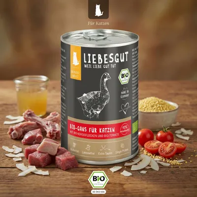 Liebesgut Katzenfutter Bio-Gans mit Bio-Kokosflocken und Bio-Tomate
