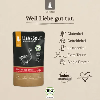 Liebesgut Katzenfutter Bio-Gans mit Bio-Kokosflocken und Bio-Tomate