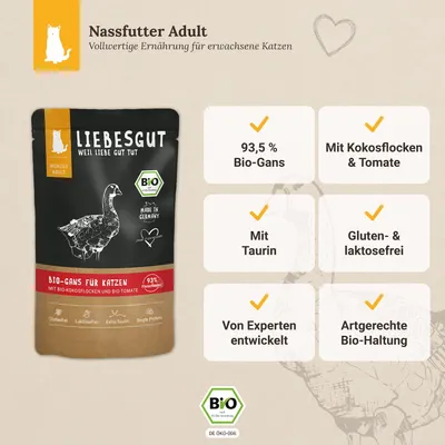 Liebesgut Katzenfutter Bio-Gans mit Bio-Kokosflocken und Bio-Tomate