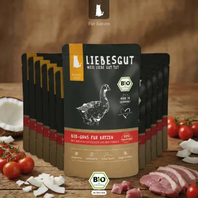 Liebesgut Katzenfutter Bio-Gans mit Bio-Kokosflocken und Bio-Tomate