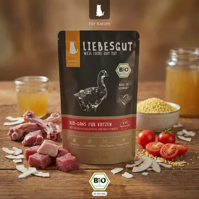 Liebesgut Katzenfutter Bio-Gans mit Bio-Kokosflocken und Bio-Tomate