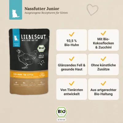 Liebesgut Katzenfutter Bio-Huhn mit Bio-Kokosflocken und Bio-Zucchini