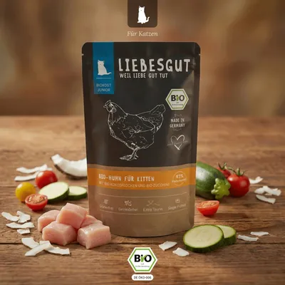 Liebesgut Katzenfutter Bio-Huhn mit Bio-Kokosflocken und Bio-Zucchini
