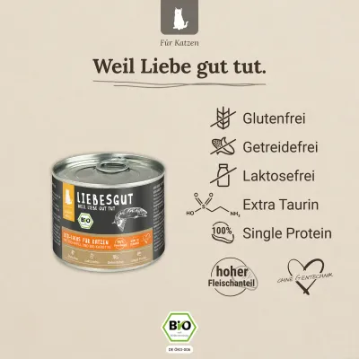 Liebesgut Katzenfutter Bio-Lachs mit Bio-Apfel und Bio-Karotte