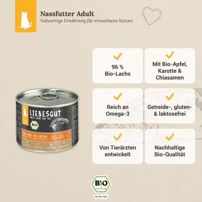 Liebesgut Katzenfutter Bio-Lachs mit Bio-Apfel und Bio-Karotte