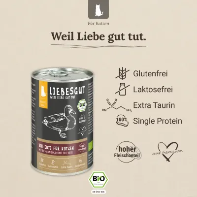 Liebesgut Katzenfutter Bio-Ente mit Bio-Mangold und Bio-Reis