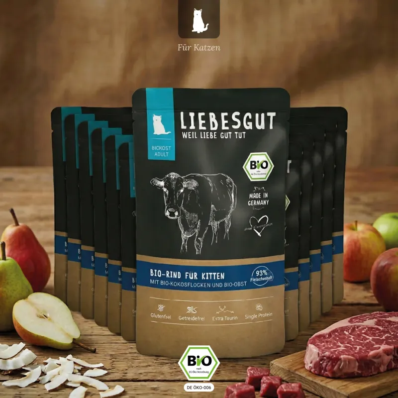 Liebesgut Katzenfutter Bio-Rind mit Bio-Kokosflocken und Bio-Obst