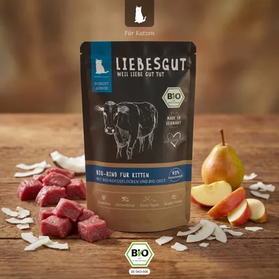 Liebesgut Katzenfutter Bio-Rind mit Bio-Kokosflocken und Bio-Obst