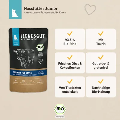 Liebesgut Katzenfutter Bio-Rind mit Bio-Kokosflocken und Bio-Obst