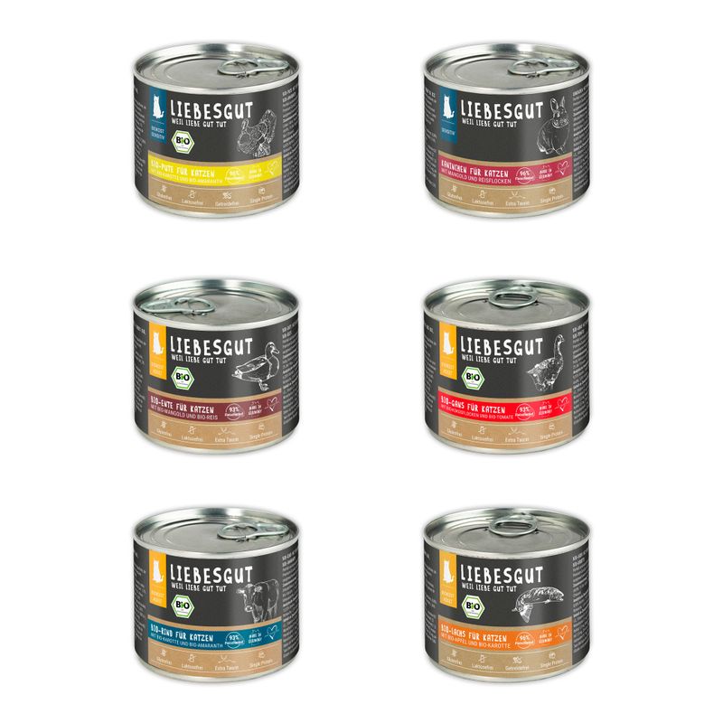 Liebesgut Katzenfutter Probierpaket Adult + Sensitiv 12 x 200 g