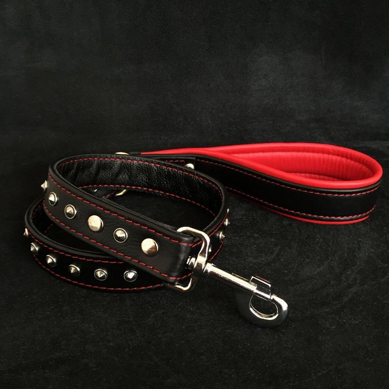 Schwarze Leine aus weichem Leder mit Nieten