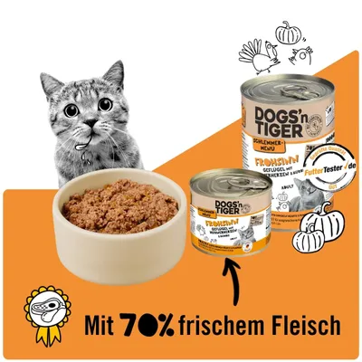 Dogs’n Tiger Frohsinn Katzenfutter, Huhn, Pute & Kürbis Dogs’n Tiger Frohsinn Katzenfutter, Huhn, Pute & Kürbis