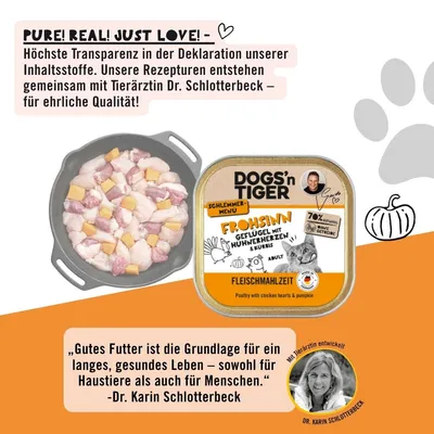 Dogs’n Tiger Frohsinn Katzenfutter, Huhn, Pute & Kürbis Dogs’n Tiger Frohsinn Katzenfutter, Huhn, Pute & Kürbis
