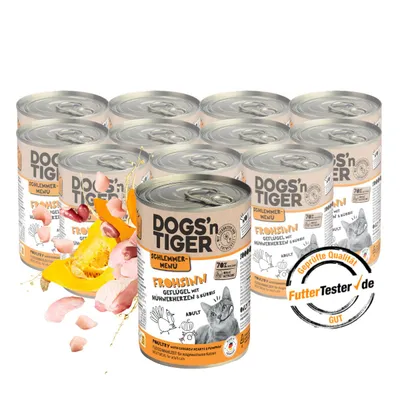 Dogs’n Tiger Frohsinn Katzenfutter, Huhn, Pute & Kürbis Dogs’n Tiger Frohsinn Katzenfutter, Huhn, Pute & Kürbis