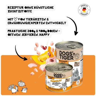 Dogs’n Tiger Frohsinn Katzenfutter, Huhn, Pute & Kürbis Dogs’n Tiger Frohsinn Katzenfutter, Huhn, Pute & Kürbis