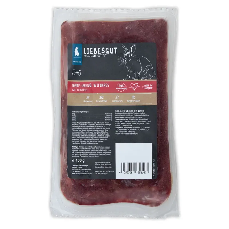 Liebesgut Hundefutter 14 x Barf-Menü Wildhase mit Gemüse