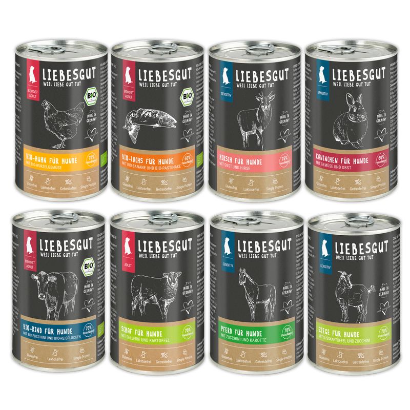 Liebesgut Hundefutter Friss-dich-satt Paket Adult & Sensitiv 48 x 400 g