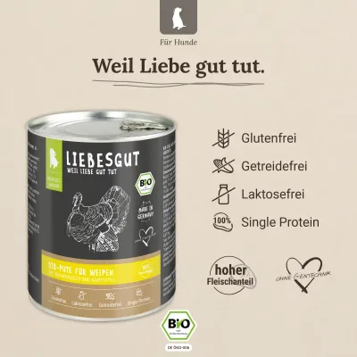 Liebesgut Hundefutter Bio-Pute mit Bio-Mangold und Bio-Kartoffel
