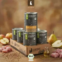 Packung Liebesgut Tiernahrung Liebesgut Hundefutter Bio-Huhn mit Bio-Apfel und Bio-Buchweizen