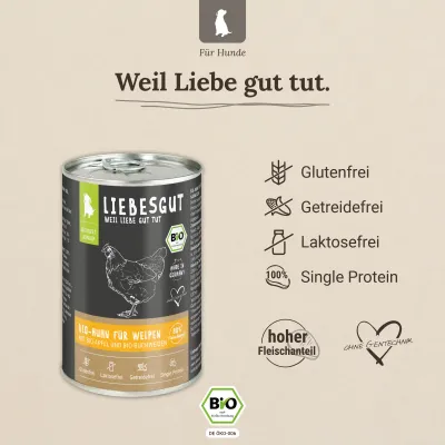 Liebesgut Hundefutter Bio-Huhn mit Bio-Apfel und Bio-Buchweizen