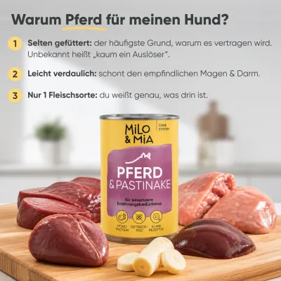 Milo & Mia Sensitive – Pferd & Pastinake – Monoprotein – Getreidefrei Milo & Mia Sensitive – Pferd & Pastinake – Monoprotein – Getreidefrei