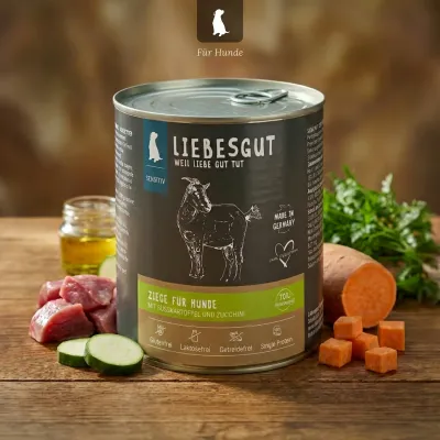 Liebesgut Hundefutter Ziege mit Süßkartoffel und Zucchini