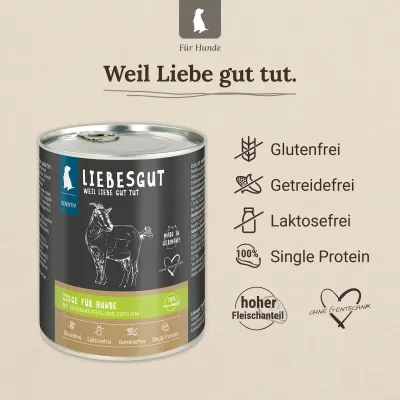Liebesgut Hundefutter Ziege mit Süßkartoffel und Zucchini
