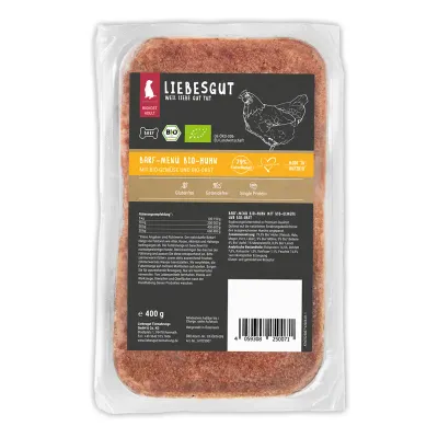 Liebesgut Hundefutter 14 x Barf-Menü Bio-Huhn mit Bio-Gemüse und Bio-Obst