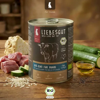 Liebesgut Hundefutter Bio-Rind mit Bio-Zucchini und Bio-Reisflocken