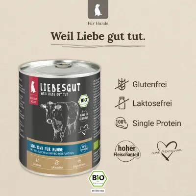 Liebesgut Hundefutter Bio-Rind mit Bio-Zucchini und Bio-Reisflocken