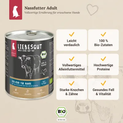 Liebesgut Hundefutter Bio-Rind mit Bio-Zucchini und Bio-Reisflocken