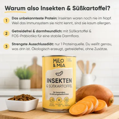 Milo & Mia Sensitive – Insekten & Süßkartoffel – Monoprotein – Getreidefrei Milo & Mia Sensitive – Insekten & Süßkartoffel – Monoprotein – Getreidefrei