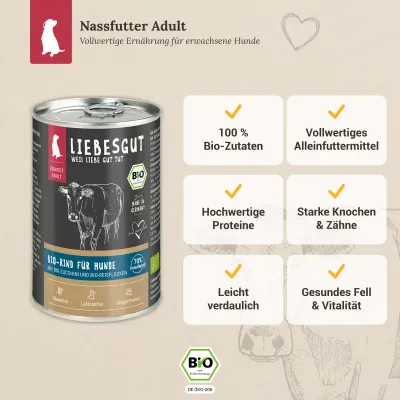 Liebesgut Hundefutter Bio-Rind mit Bio-Zucchini und Bio-Reisflocken