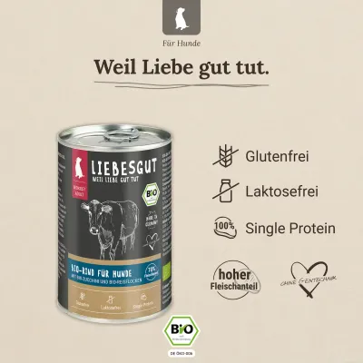 Liebesgut Hundefutter Bio-Rind mit Bio-Zucchini und Bio-Reisflocken
