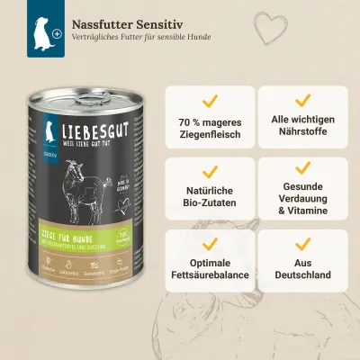 Liebesgut Hundefutter Ziege mit Süßkartoffel und Zucchini